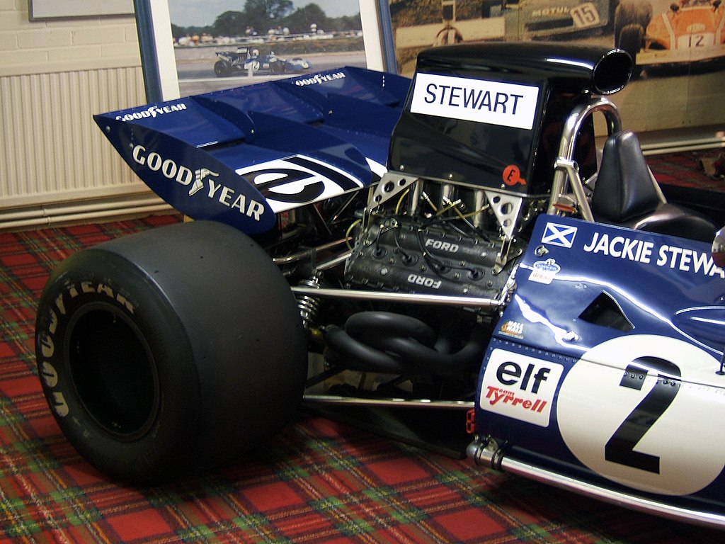 L’arrière de la Tyrrell 003, montrant son installation de moteur Cosworth DFV, au musée Donington Grand Prix Collection, Leics., Royaume-Uni