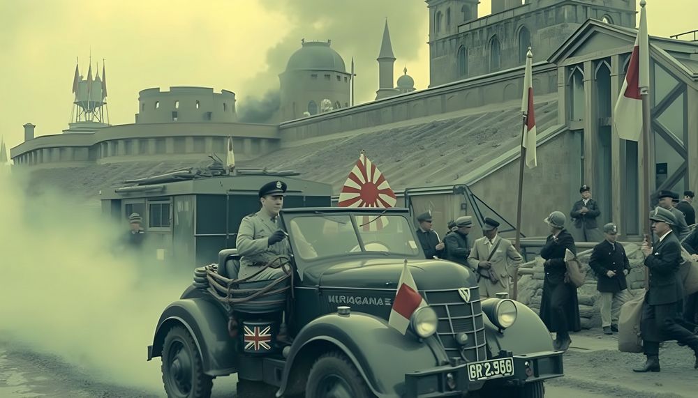 une image générée par l'IA représentant un Kurogane Type 95 roulant sur une route dans une ville