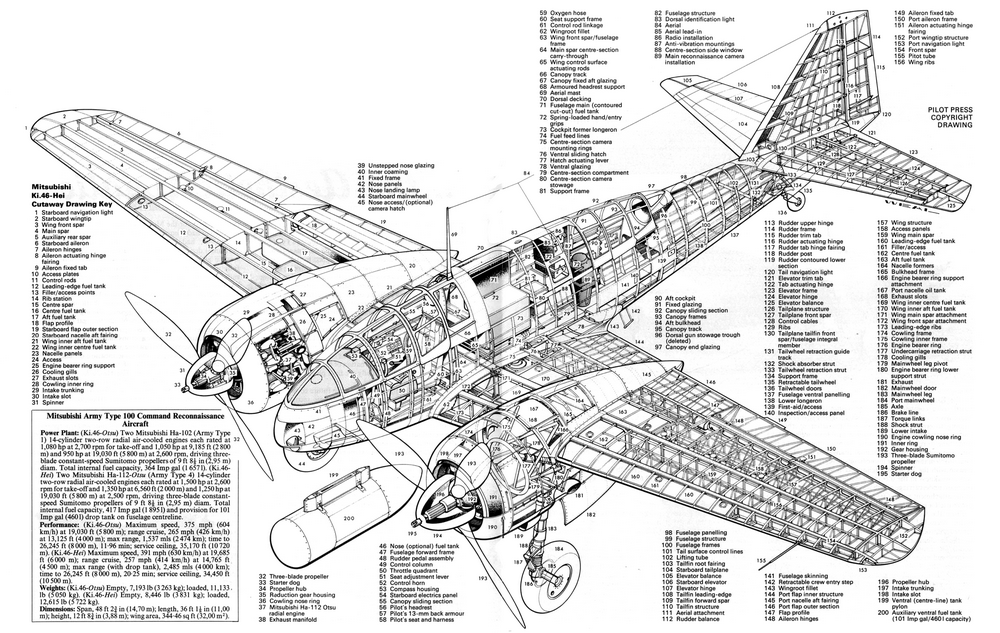 un plan de coupe descriptif du Mitsubishi Ki-46-III