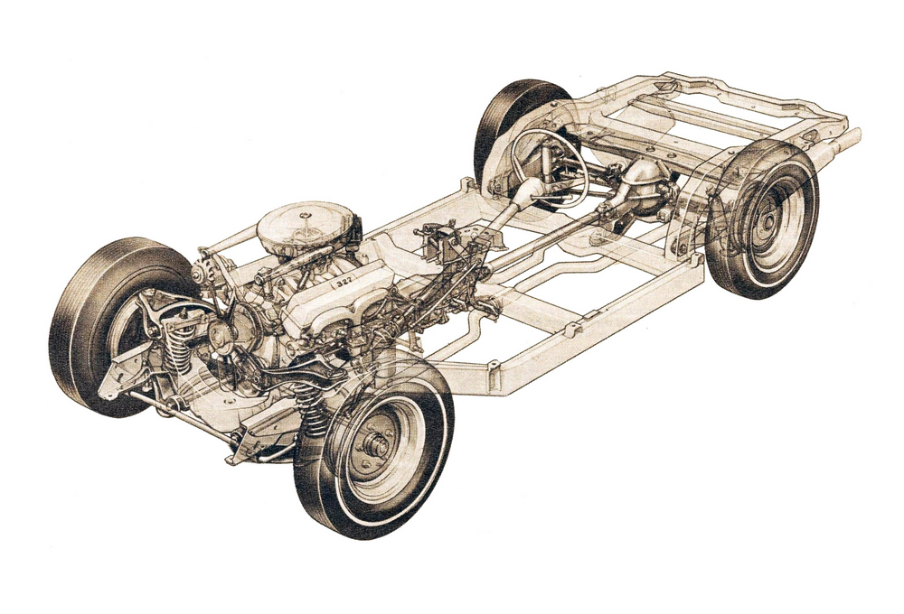 un schéma de la Chevrolet Corvette Sting Ray (0800) de 1963 montrant le châssis et le moteur