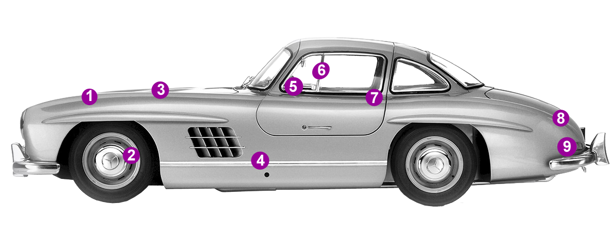 la Mercedes-Benz 300 SL Gullwing 1955 avec légendes sur les détails de la maquette